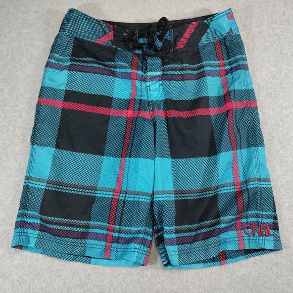 O'Neill Hybrid Board Shorts Mens 32 Blue Plaid 10.5in Inseam Beach Swim Surfing - Picture 1 of 14